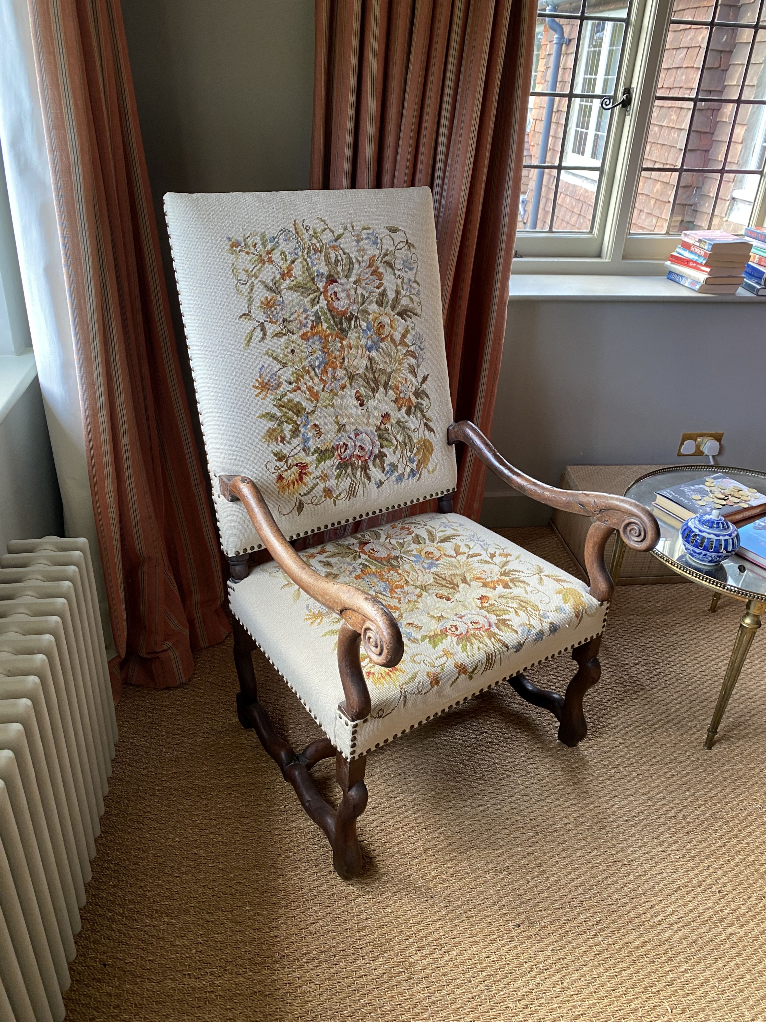 A 19th century French mahogany armchair, with later floral tapestry back and seat, width 65cm height 116cm